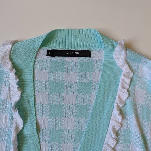 NEW Sibling London Sky Blue Ruffle Trim Checked Knitted Cardigan Sweater Large - Picture 7 of 10